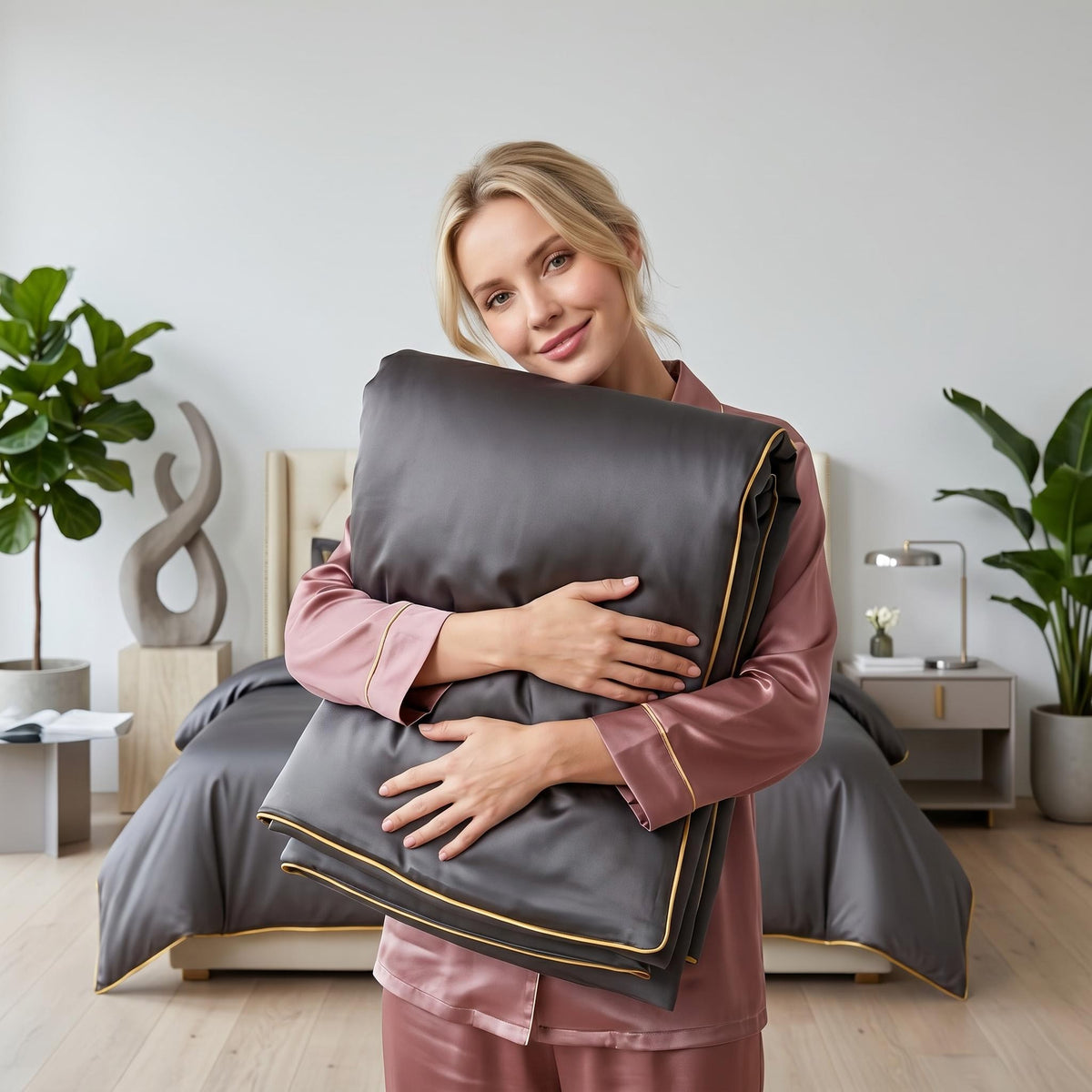 Woman holding a charcoal grey Egyptian cotton duvet cover with elegant gold embroidered trim in a modern bedroom.