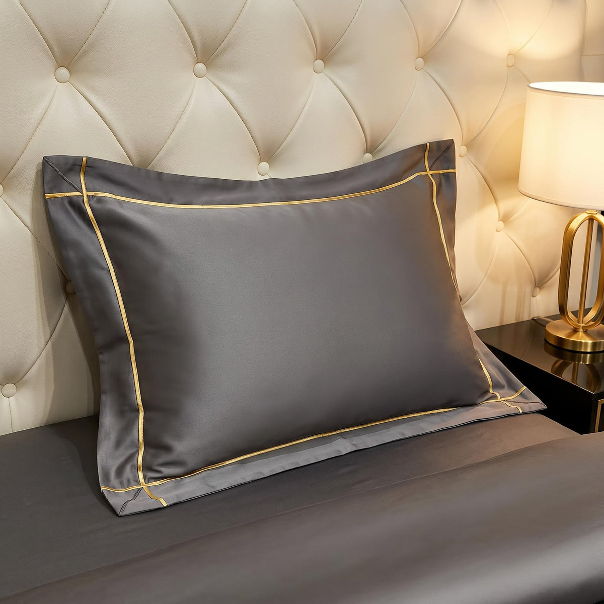 Charcoal grey Egyptian cotton pillowcase with elegant gold embroidered trim set against a tufted cream headboard.