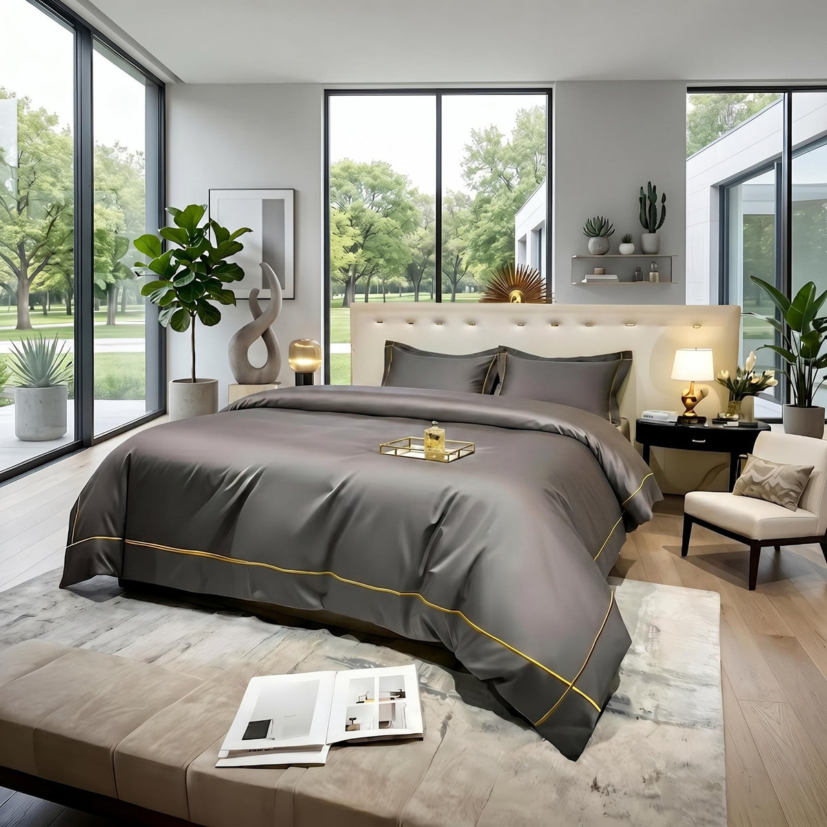 Charcoal grey Egyptian cotton duvet cover set with elegant gold embroidery trim on a bed in a modern bedroom.
