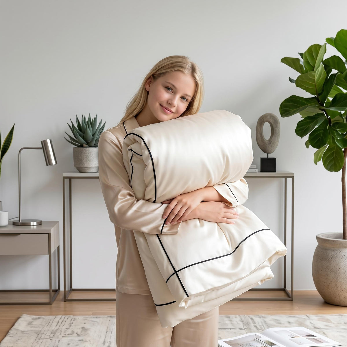 Woman holding a cream-colored Egyptian cotton duvet cover with elegant black embroidered trim in a modern bedroom.
