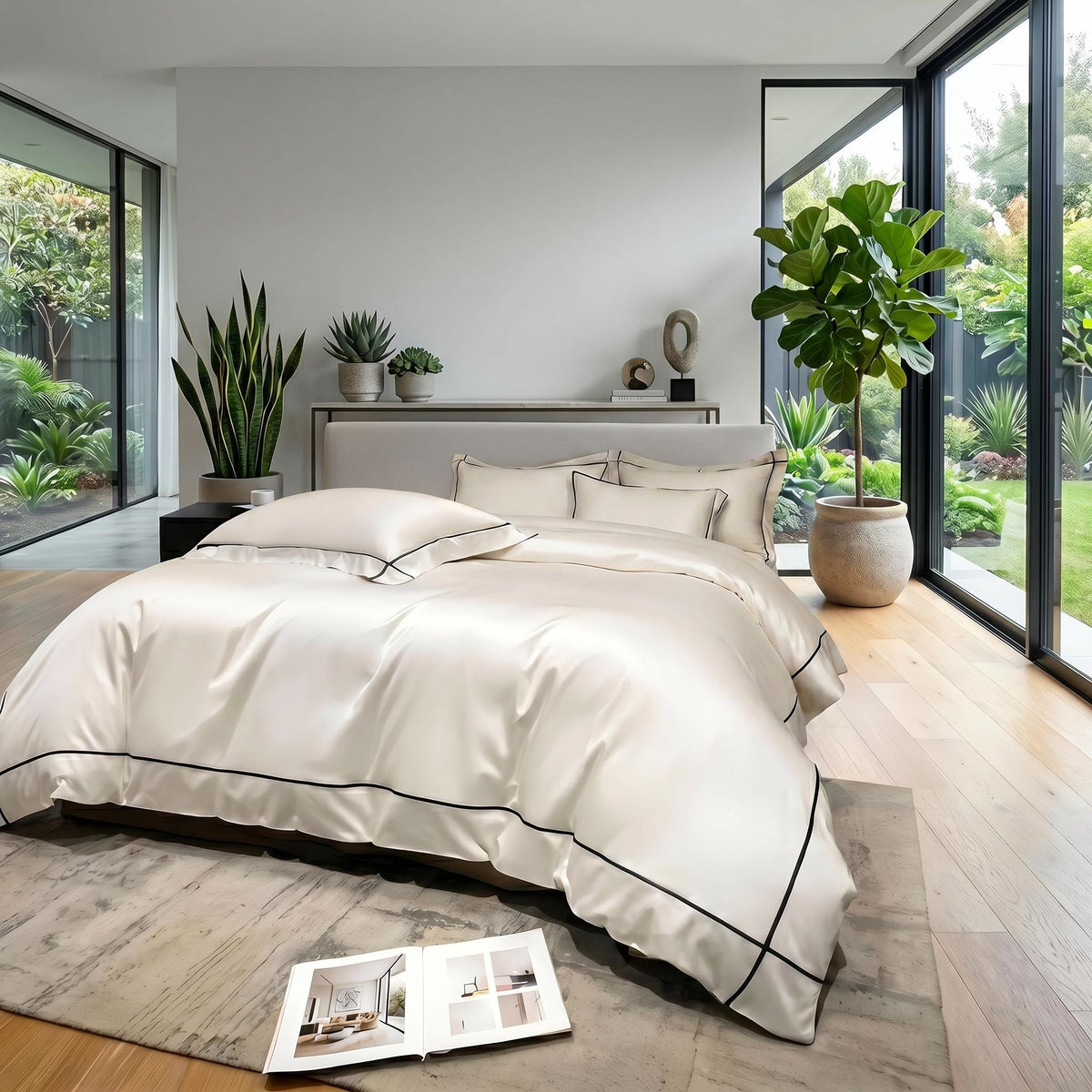 Cream Egyptian cotton duvet cover set with elegant black embroidered trim on a bed in a modern, sunlit bedroom.