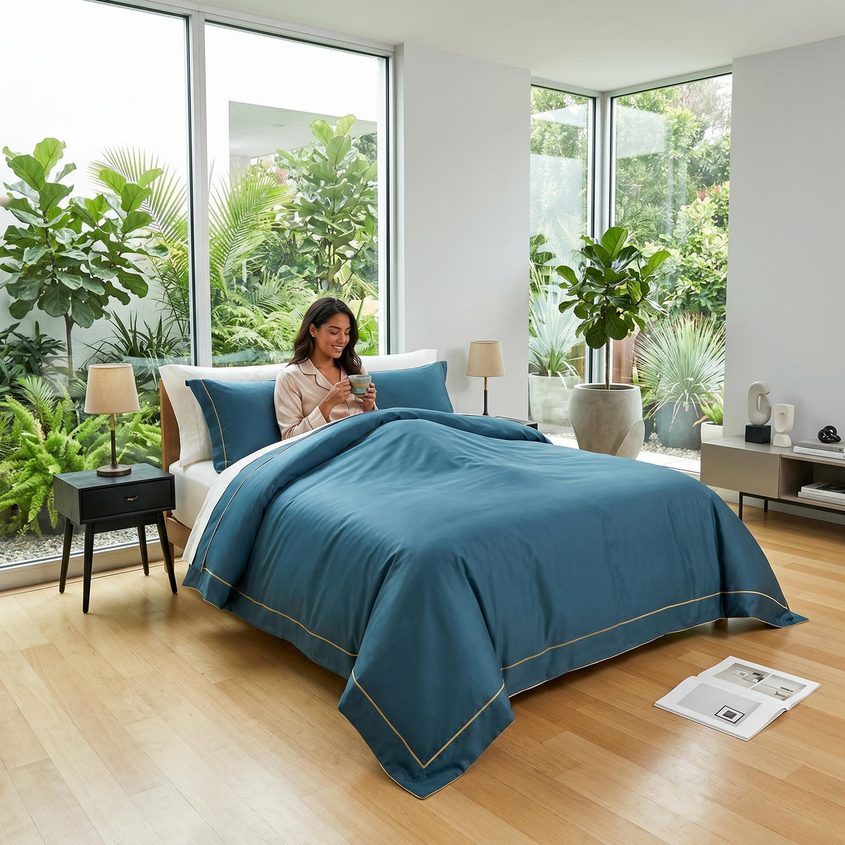 Teal Egyptian cotton duvet cover set with elegant gold embroidery on a bed in a bright, modern bedroom.