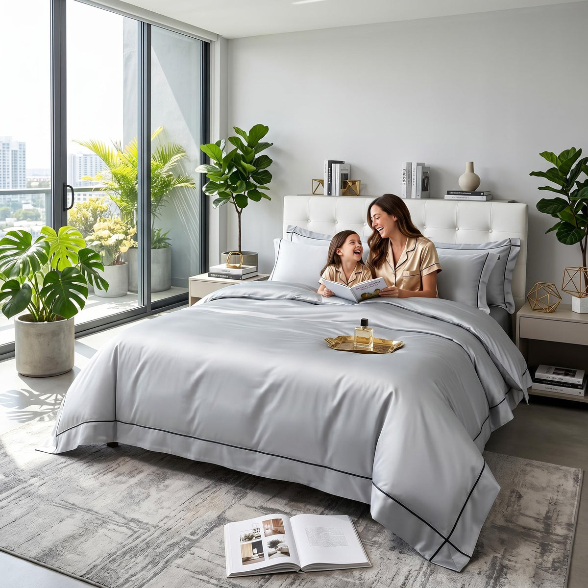 Serenata light gray Egyptian cotton duvet cover set with elegant black embroidered trim on a modern bed.