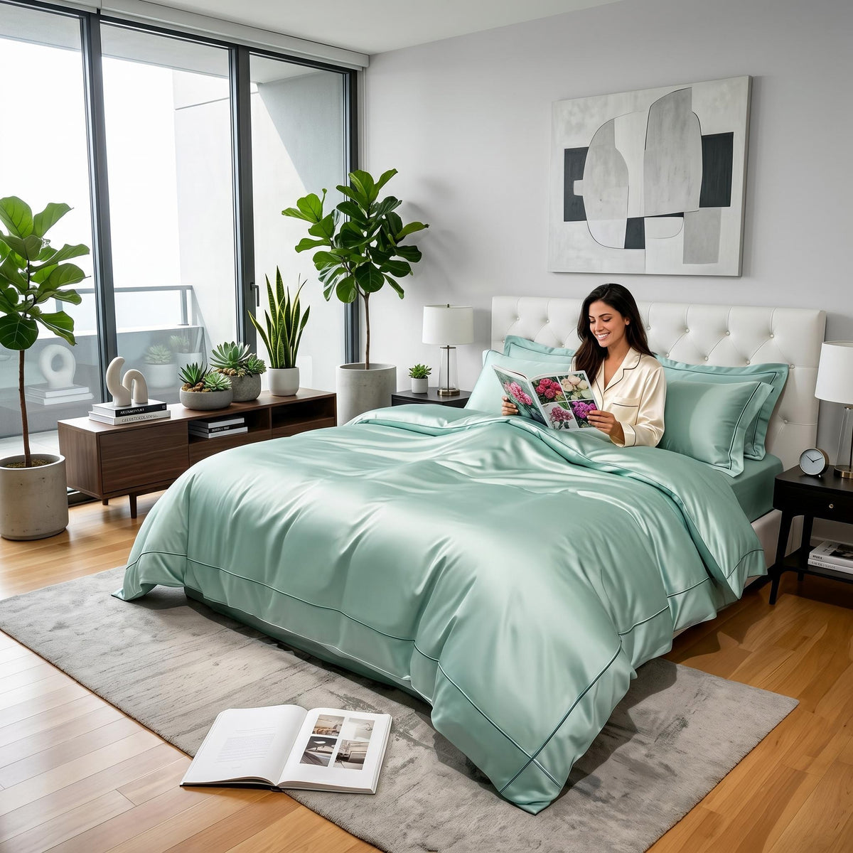 Woman reading in bed with a smooth, sage green Egyptian cotton duvet cover featuring delicate embroidered trim.