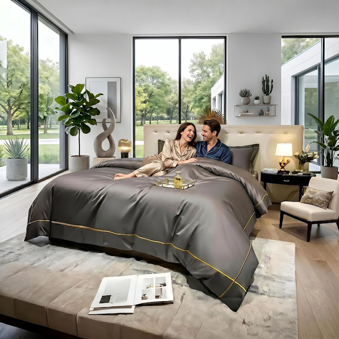 Couple relaxing on a charcoal grey Egyptian cotton duvet cover set featuring elegant gold embroidered trim.