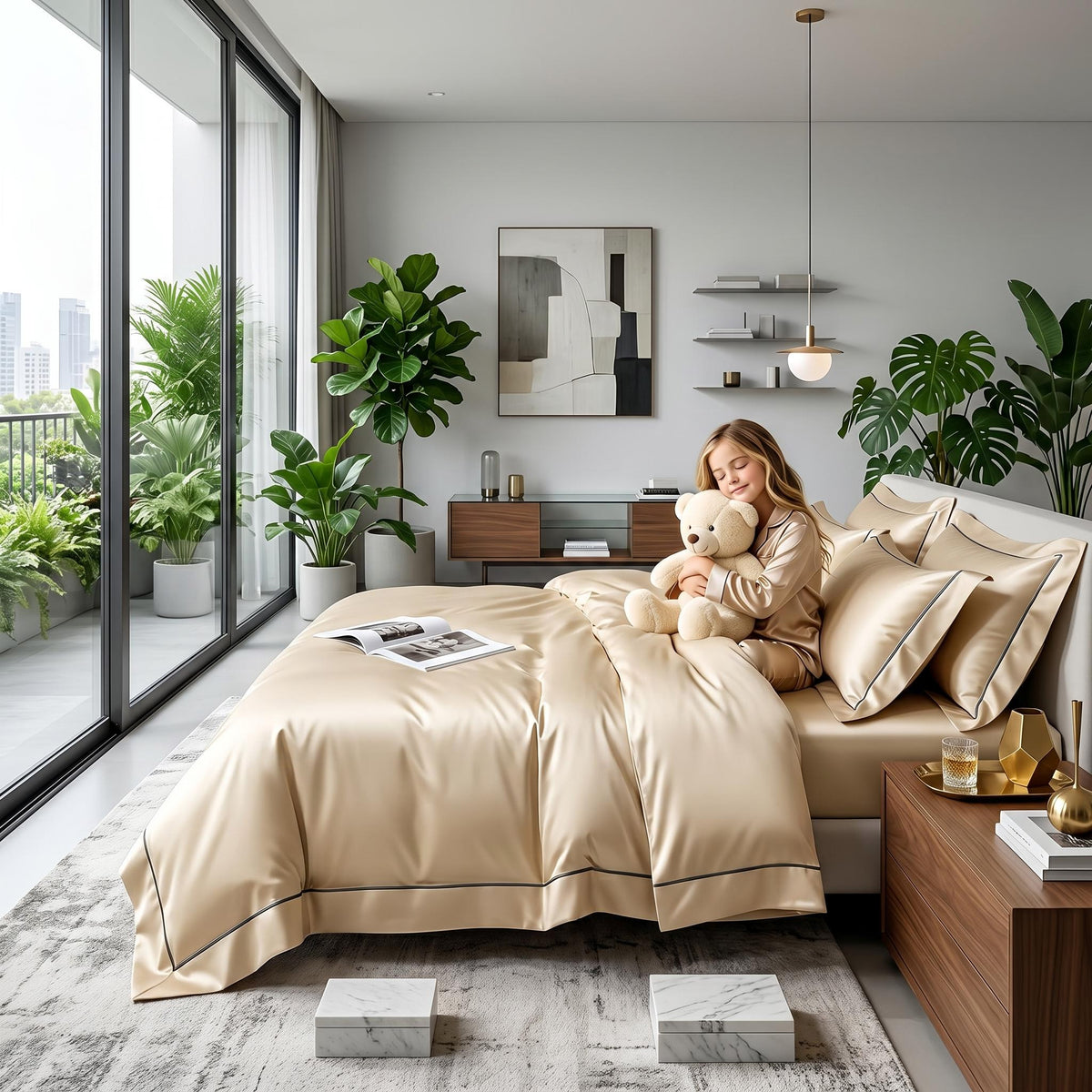 Girl hugging a teddy bear on a smooth, champagne-colored Egyptian cotton duvet cover with elegant black embroidery.