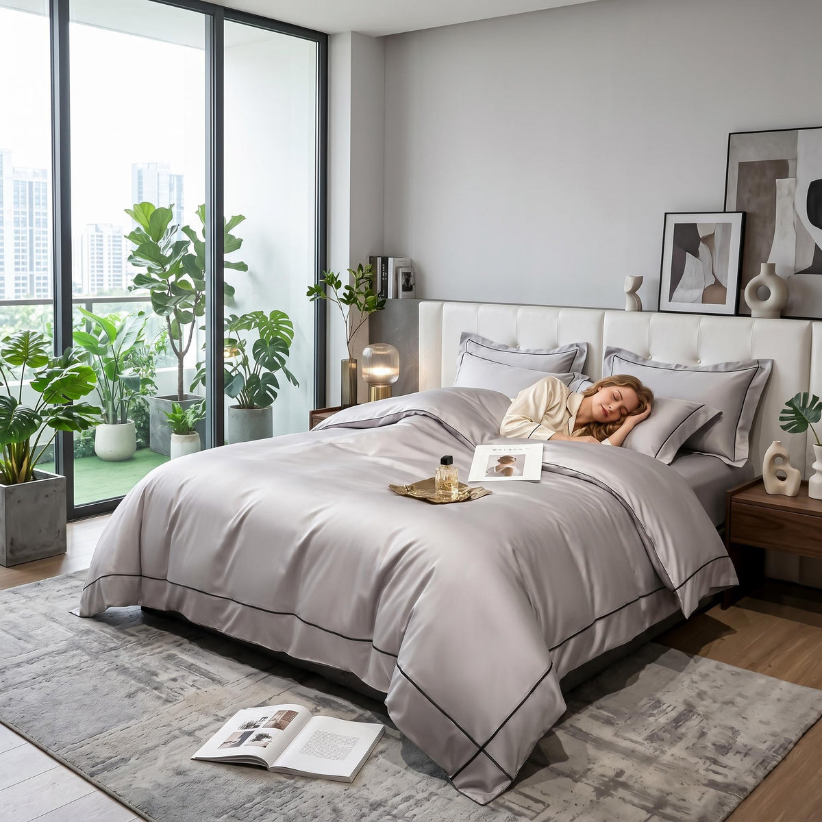 Woman sleeping in a bed with a smooth grey Egyptian cotton duvet cover featuring elegant black embroidered trim.