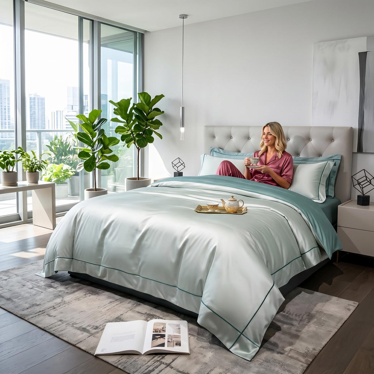 Serenata Egyptian cotton duvet cover set in soft sage green with elegant embroidered trim on a modern tufted bed.