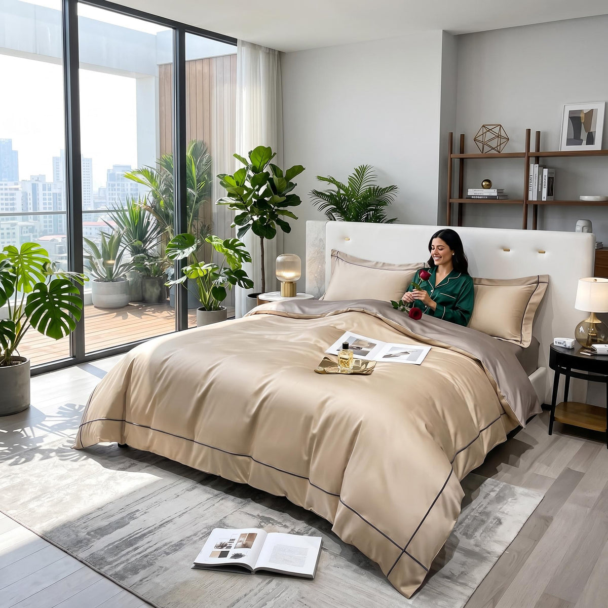 Serenata Egyptian cotton duvet cover set in beige with delicate embroidered trim on a bed in a modern bedroom.