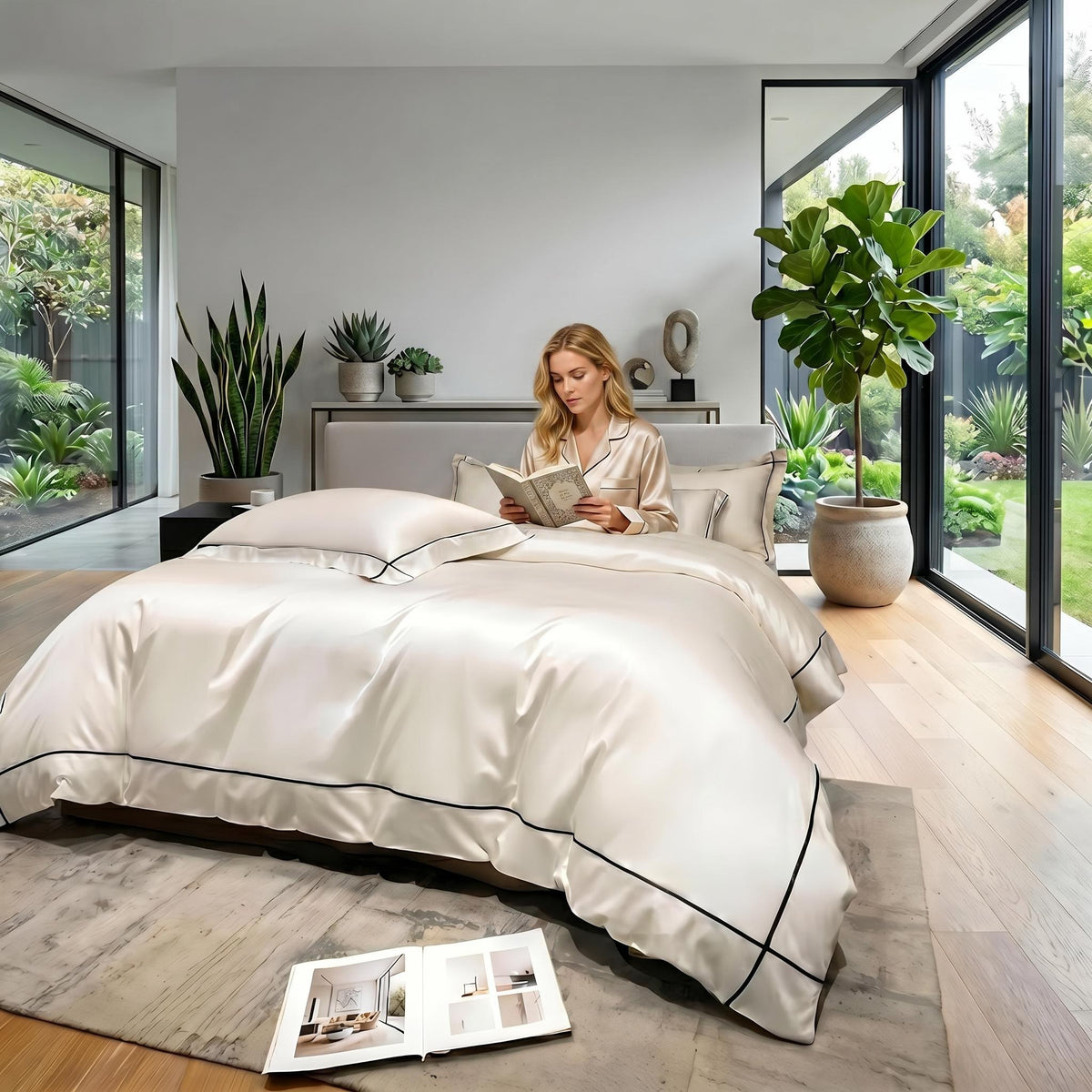Serenata cream Egyptian cotton duvet cover set with elegant black embroidery trim on a bed in a modern bedroom.