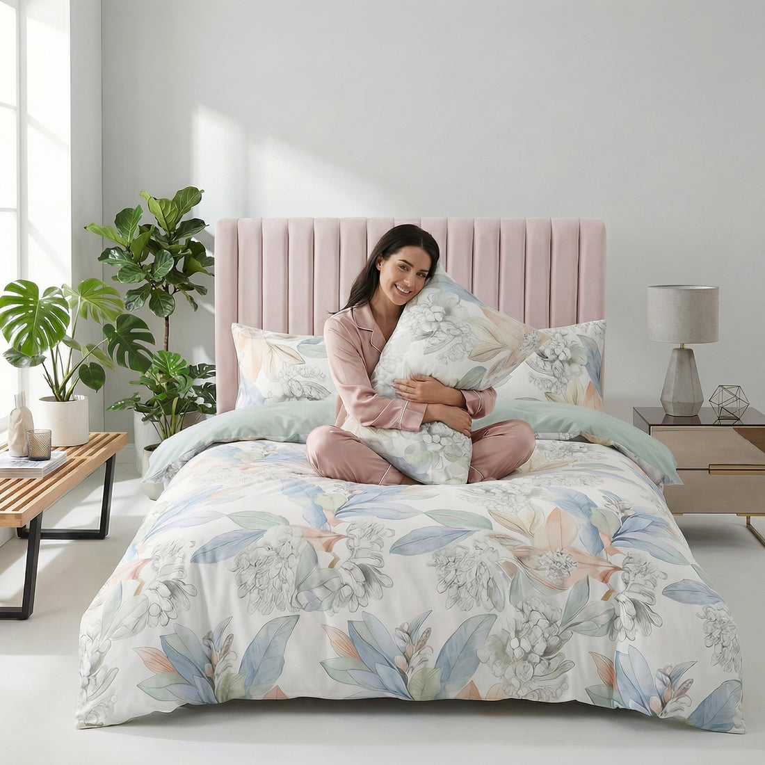 Serene Leaf 100% Egyptian Cotton Duvet Cover Set-Duvet Covers-Glompi-Queen-Fitted-Glompi