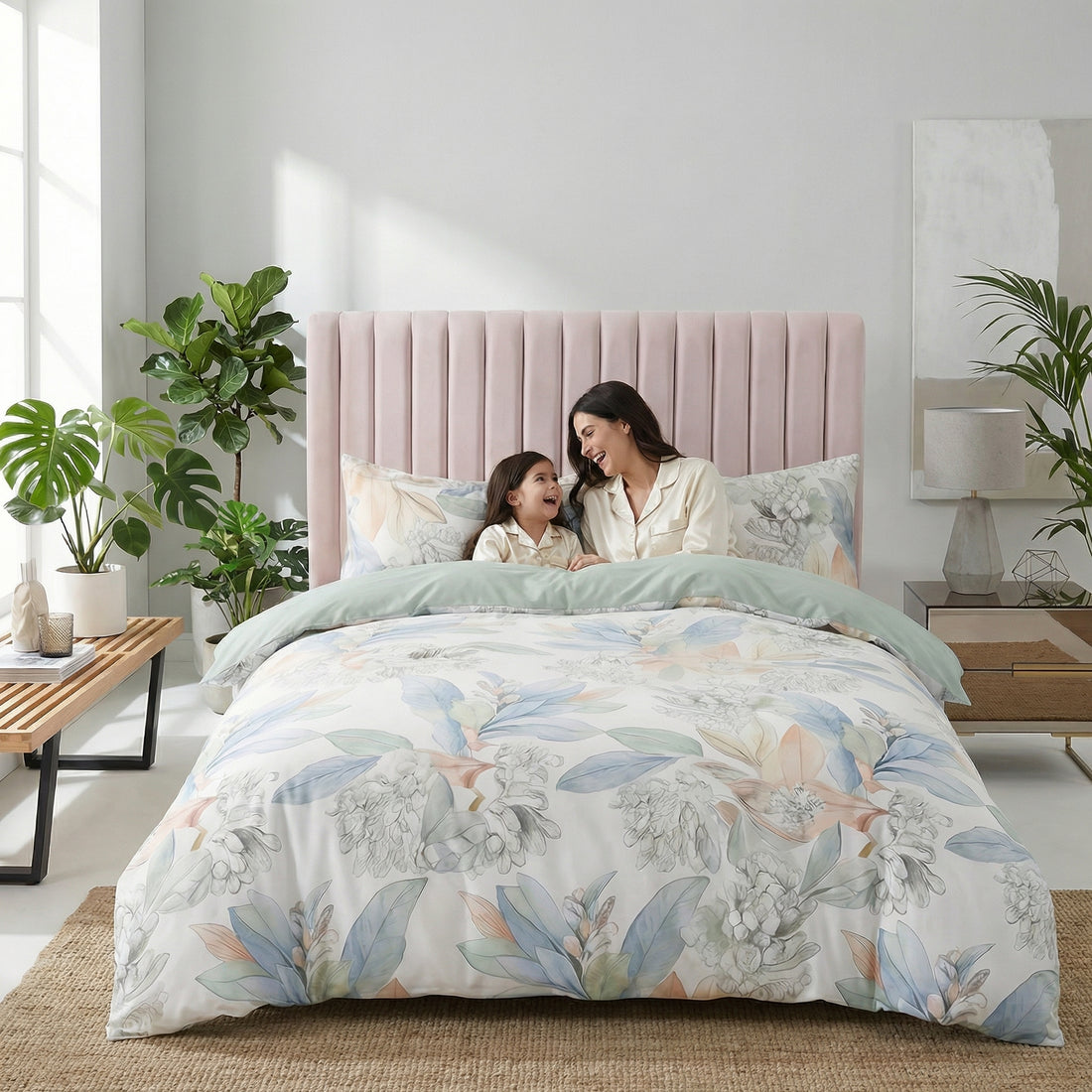 Serene Leaf 100% Egyptian Cotton Duvet Cover Set-Duvet Covers-Glompi-Queen-Fitted-Glompi