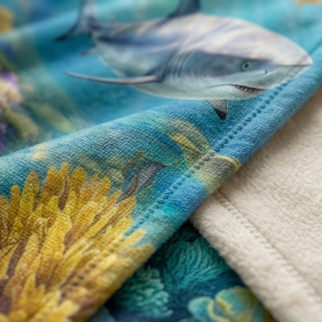Woman wrapped in a vibrant microfiber shark-themed throw blanket with an underwater coral reef design.