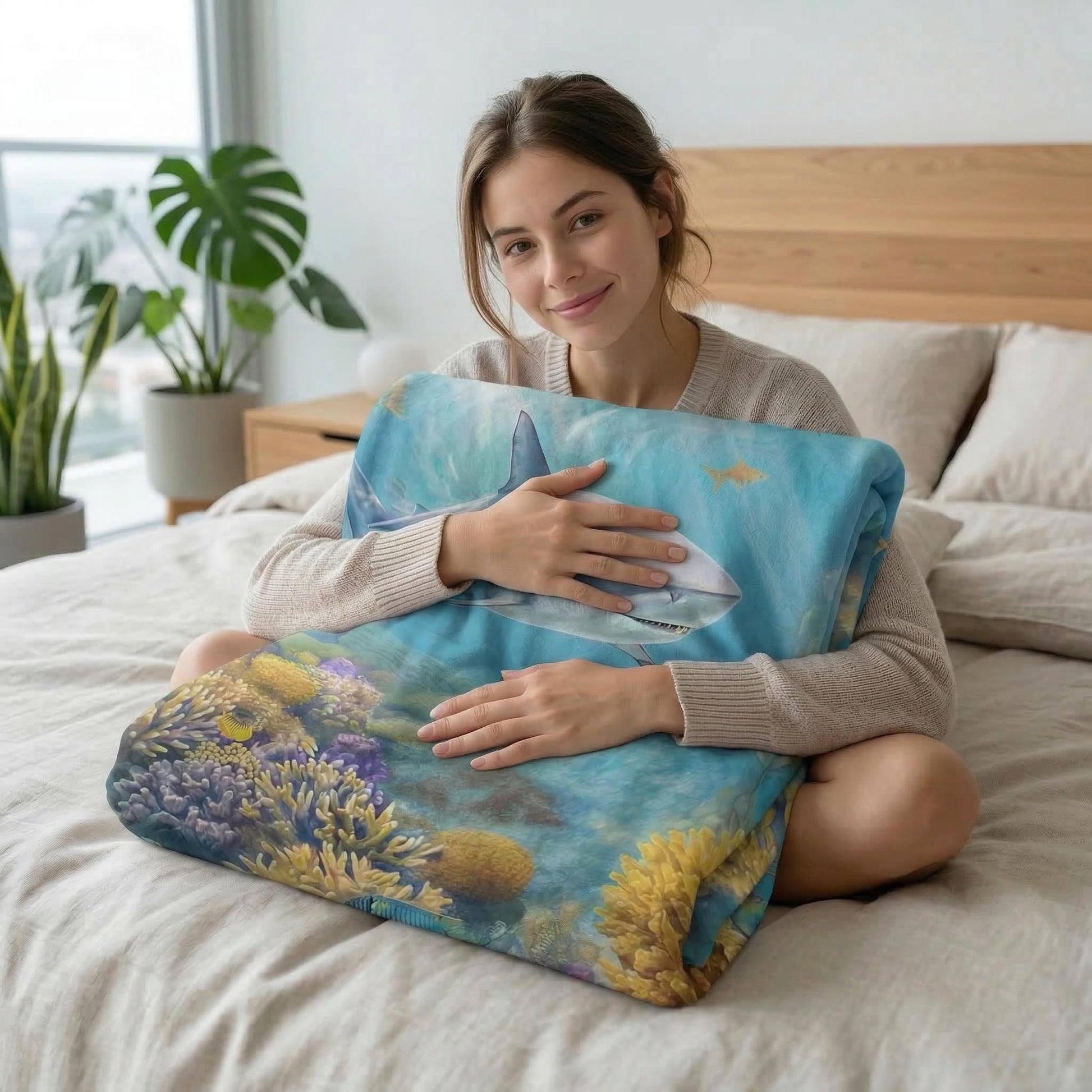 Smiling woman holding a soft microfiber throw blanket with a vibrant shark and coral reef design.