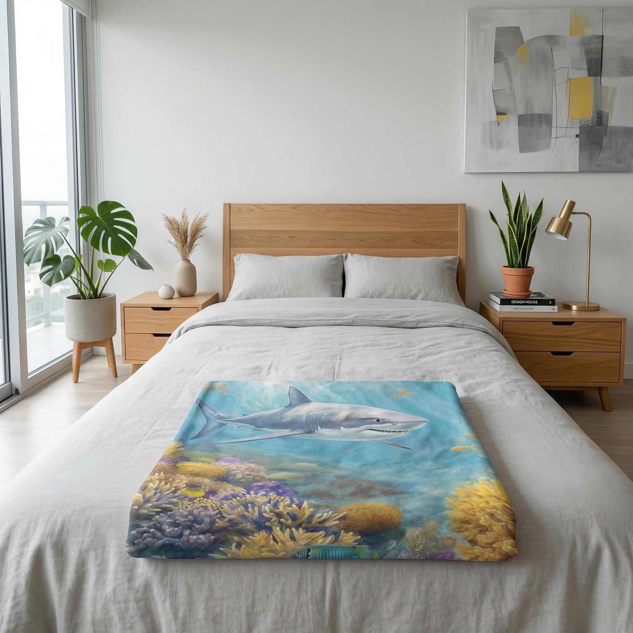 Microfiber polyester throw blanket with a vibrant shark and coral reef design on a bed.