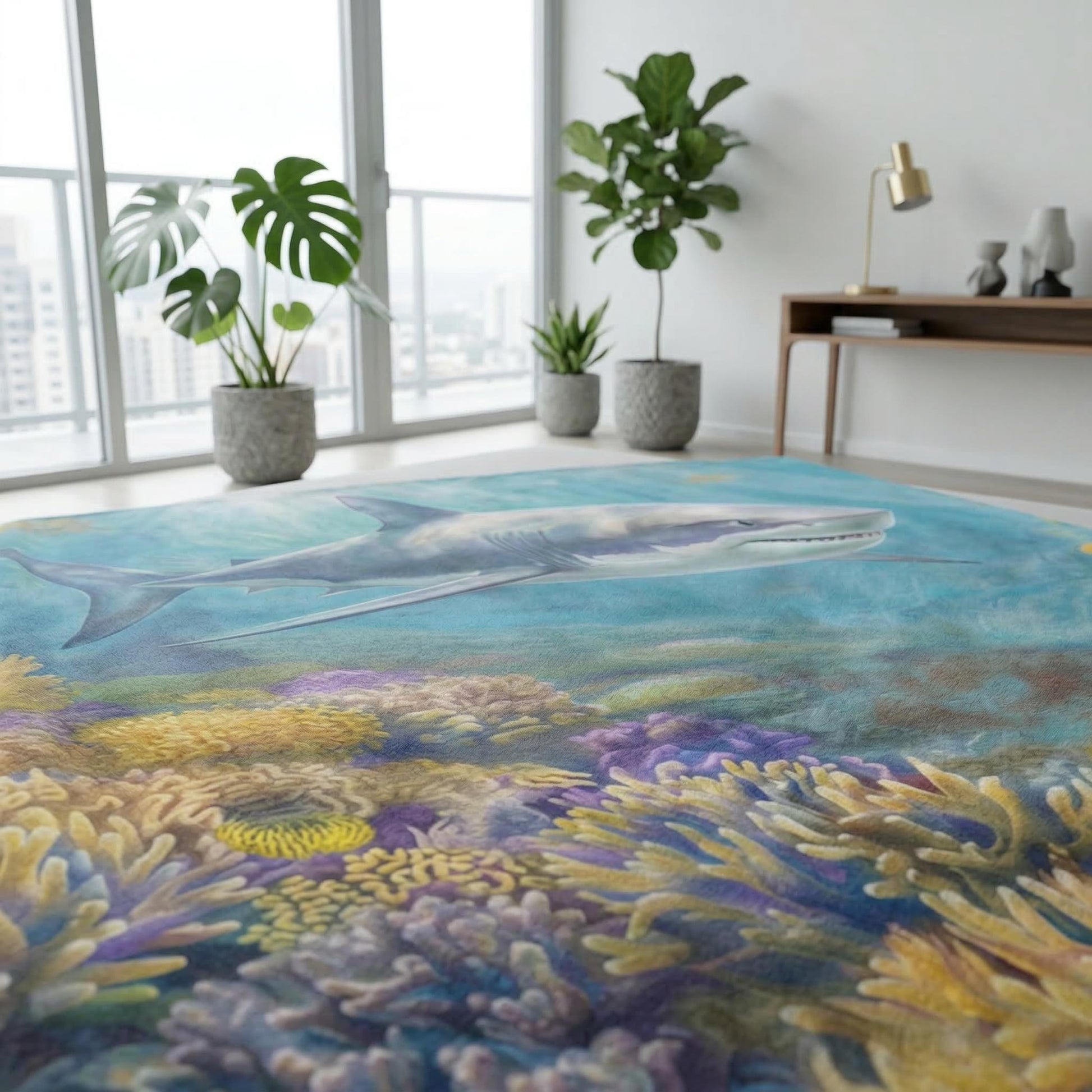 Vibrant microfiber polyester throw blanket with a playful shark and colorful coral reef design.