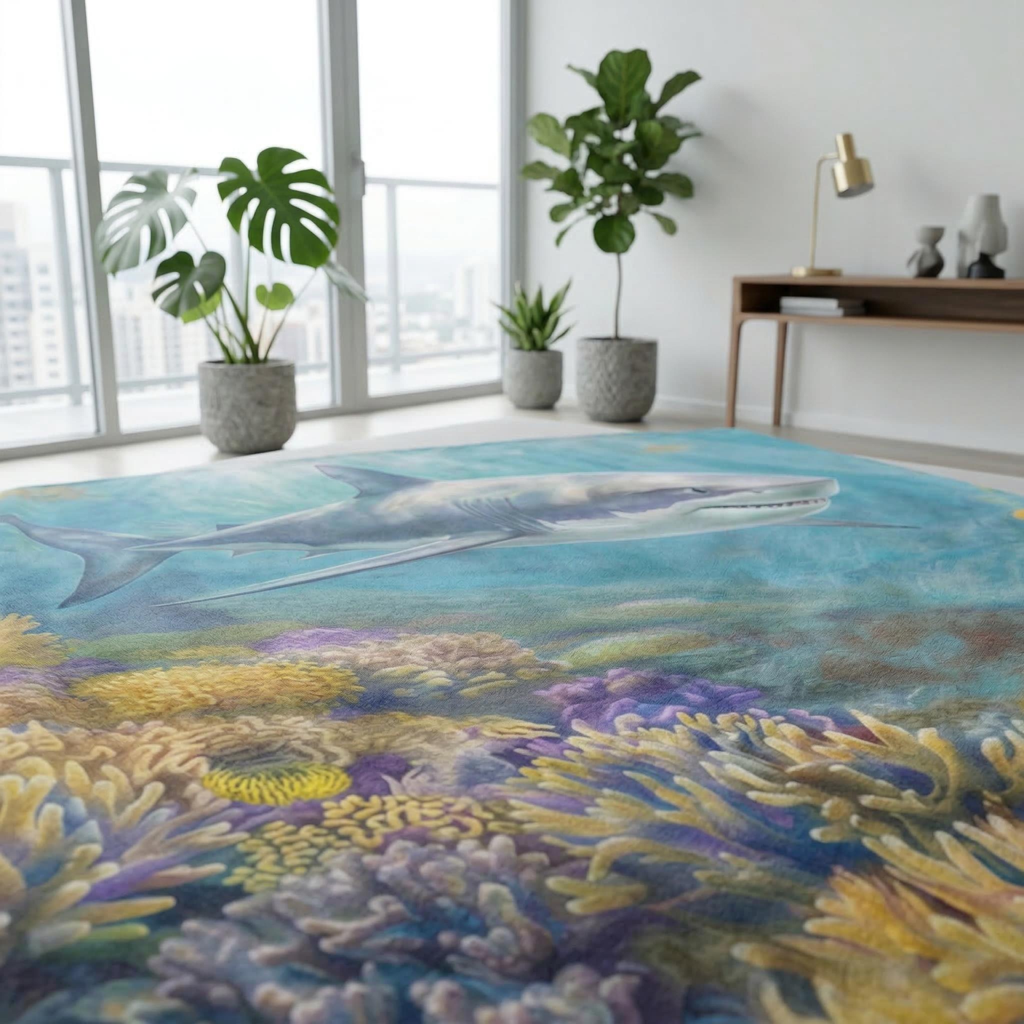 Vibrant microfiber polyester throw blanket with a playful shark and colorful coral reef design.