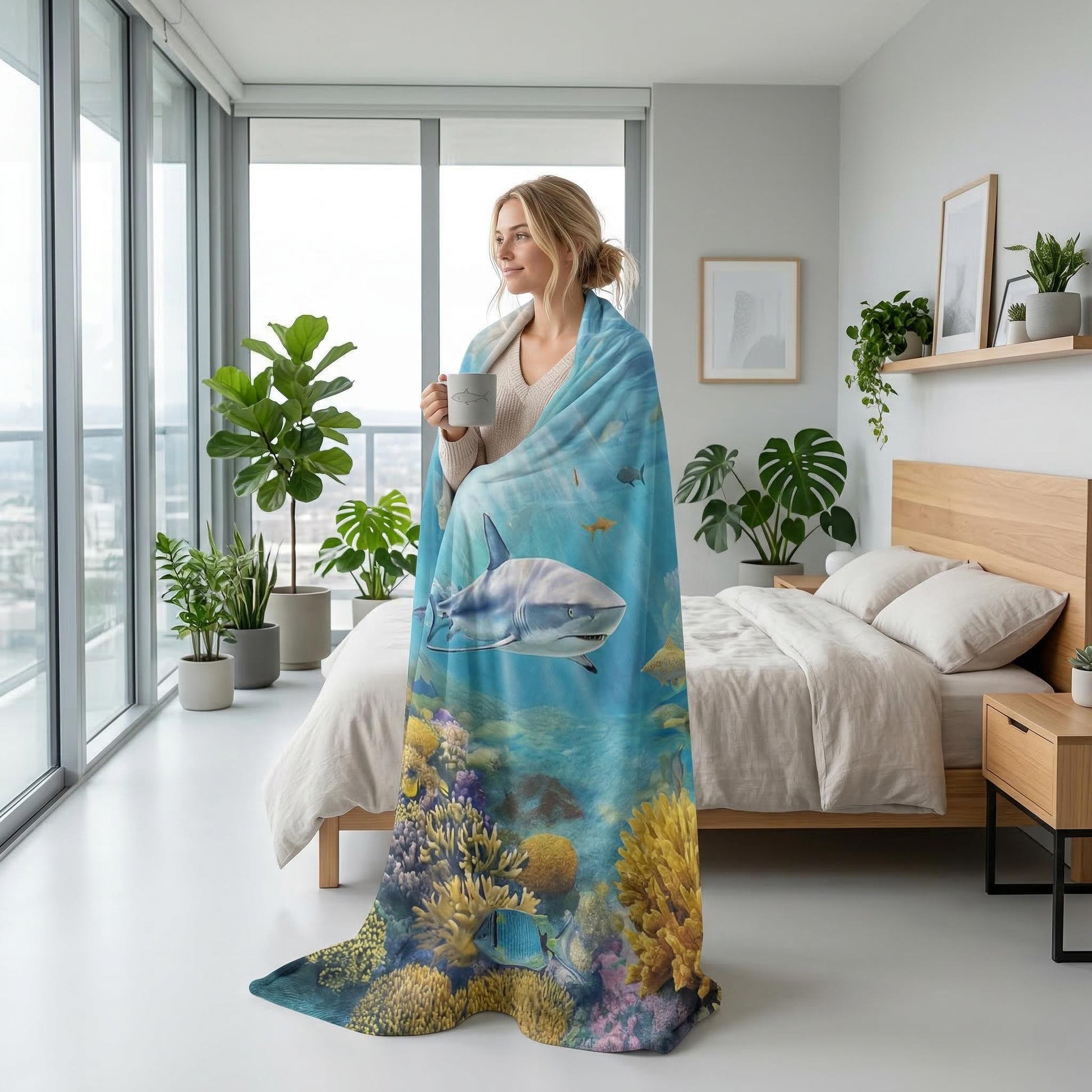 Woman wrapped in a vibrant microfiber shark-themed throw blanket with an underwater coral reef design.