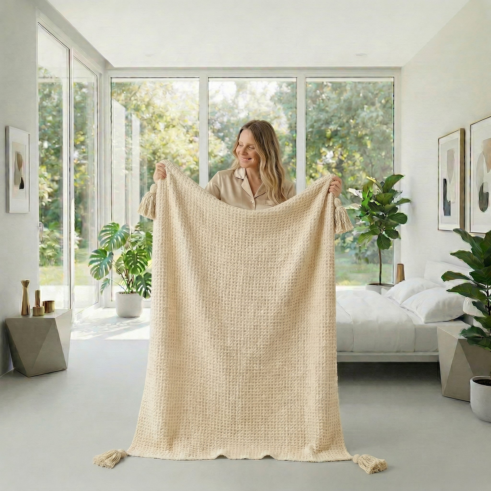 Smiling woman holding up a beige fine-knit acrylic throw blanket with tassels in a bright room.