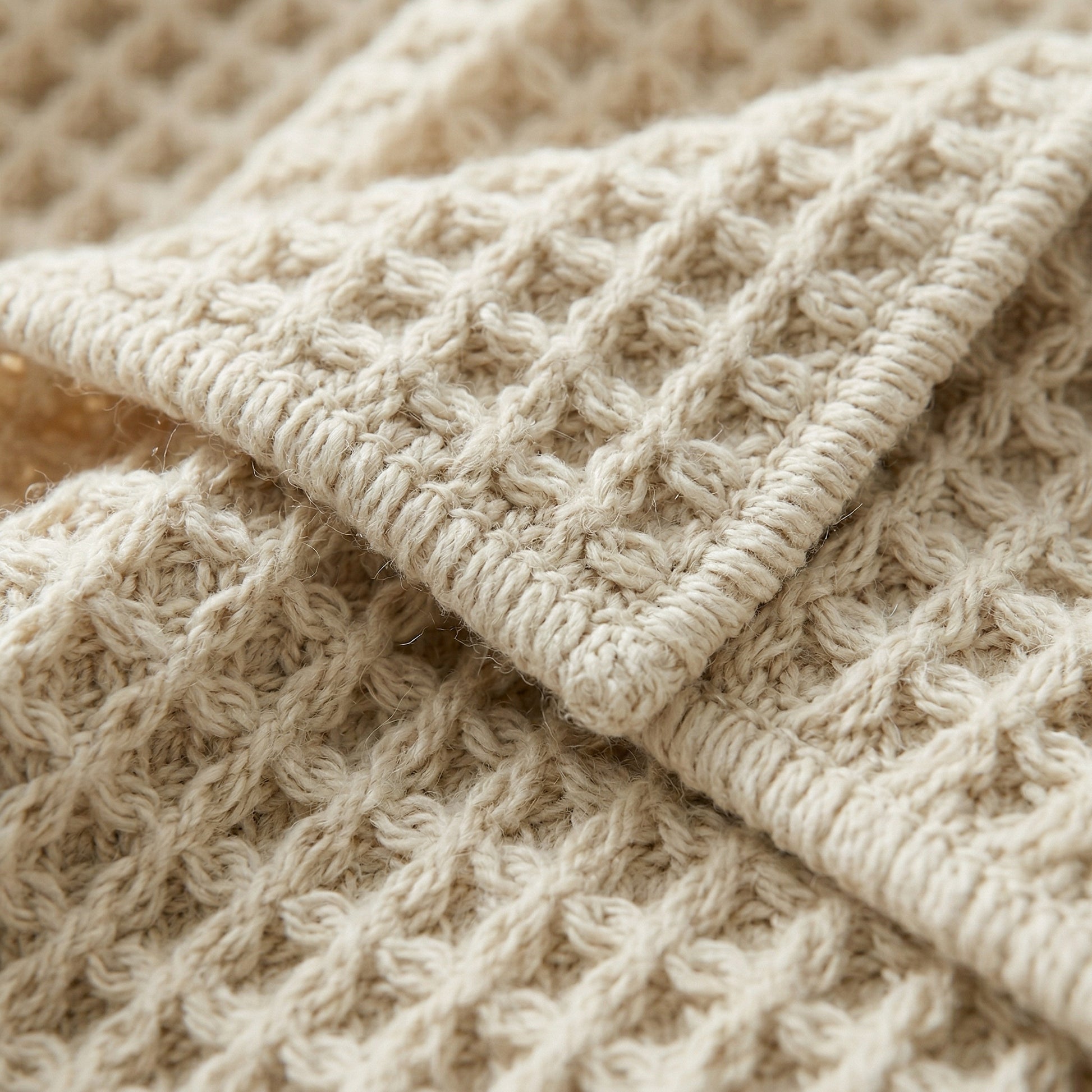 Close-up of a beige fine-knit acrylic Siesta throw blanket with a waffle texture.