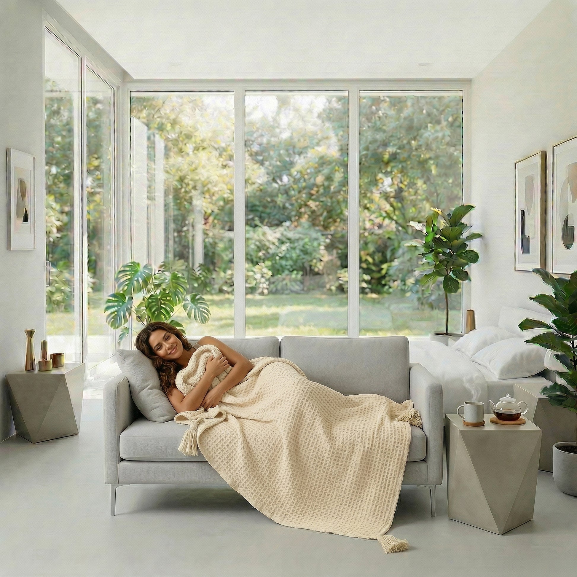 Woman relaxing on a gray sofa, covered by a cozy beige fine-knit acrylic throw blanket with tassels.