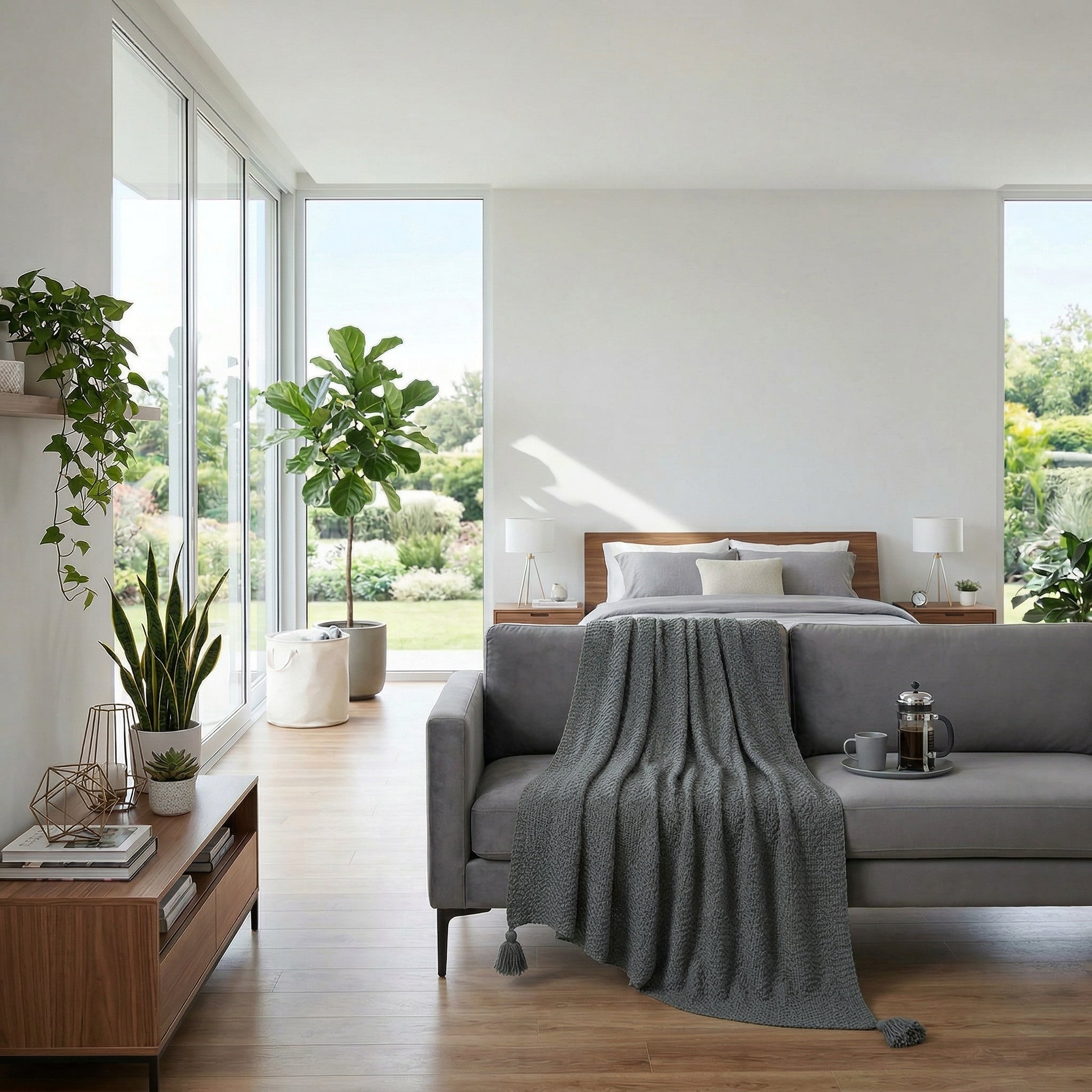 Gray Siesta Knitted Shawl Throw Blanket draped on a modern sofa in a bright, minimalist living space.