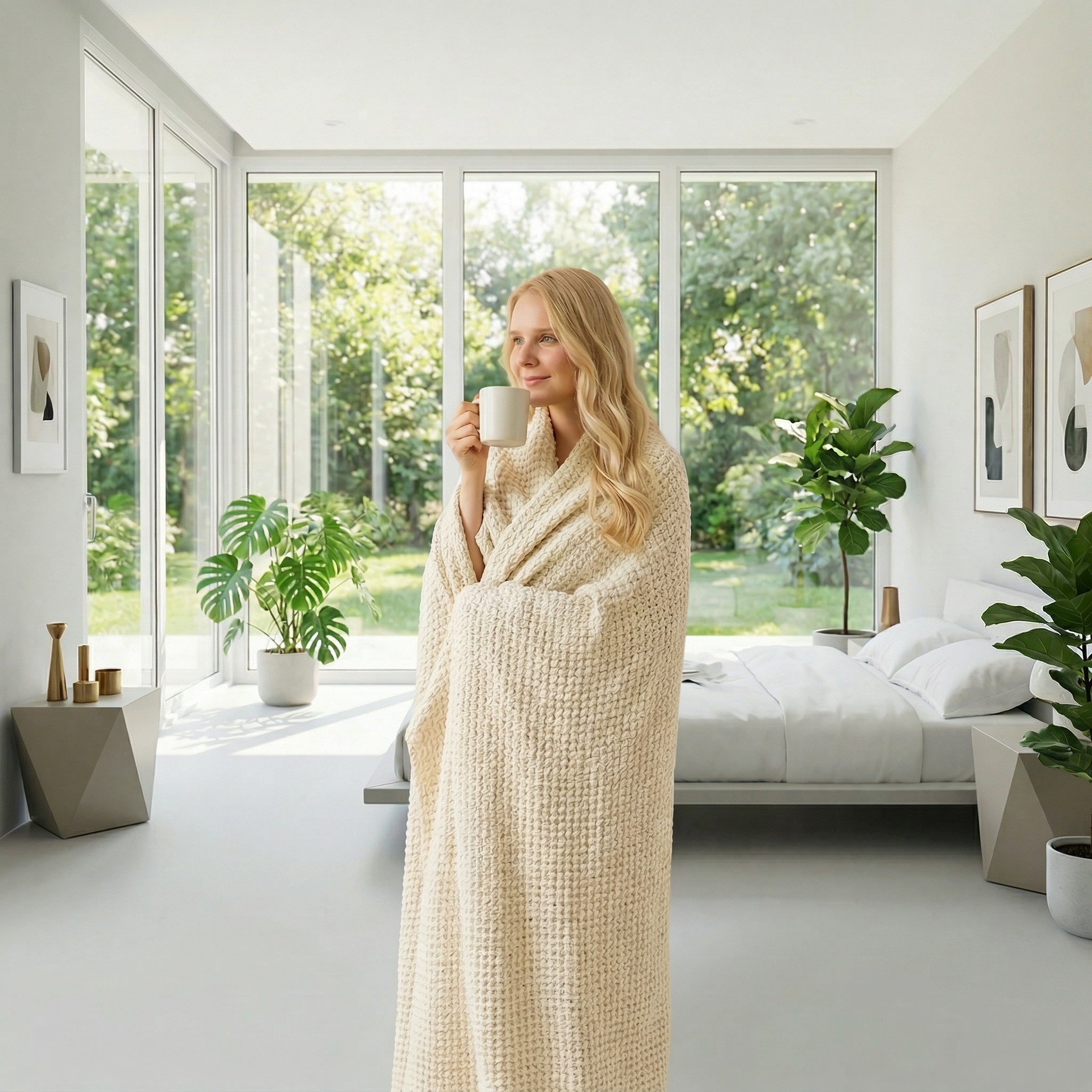 Blonde woman wrapped in a cozy beige fine-knit acrylic Siesta throw blanket, holding a mug in a bright room.