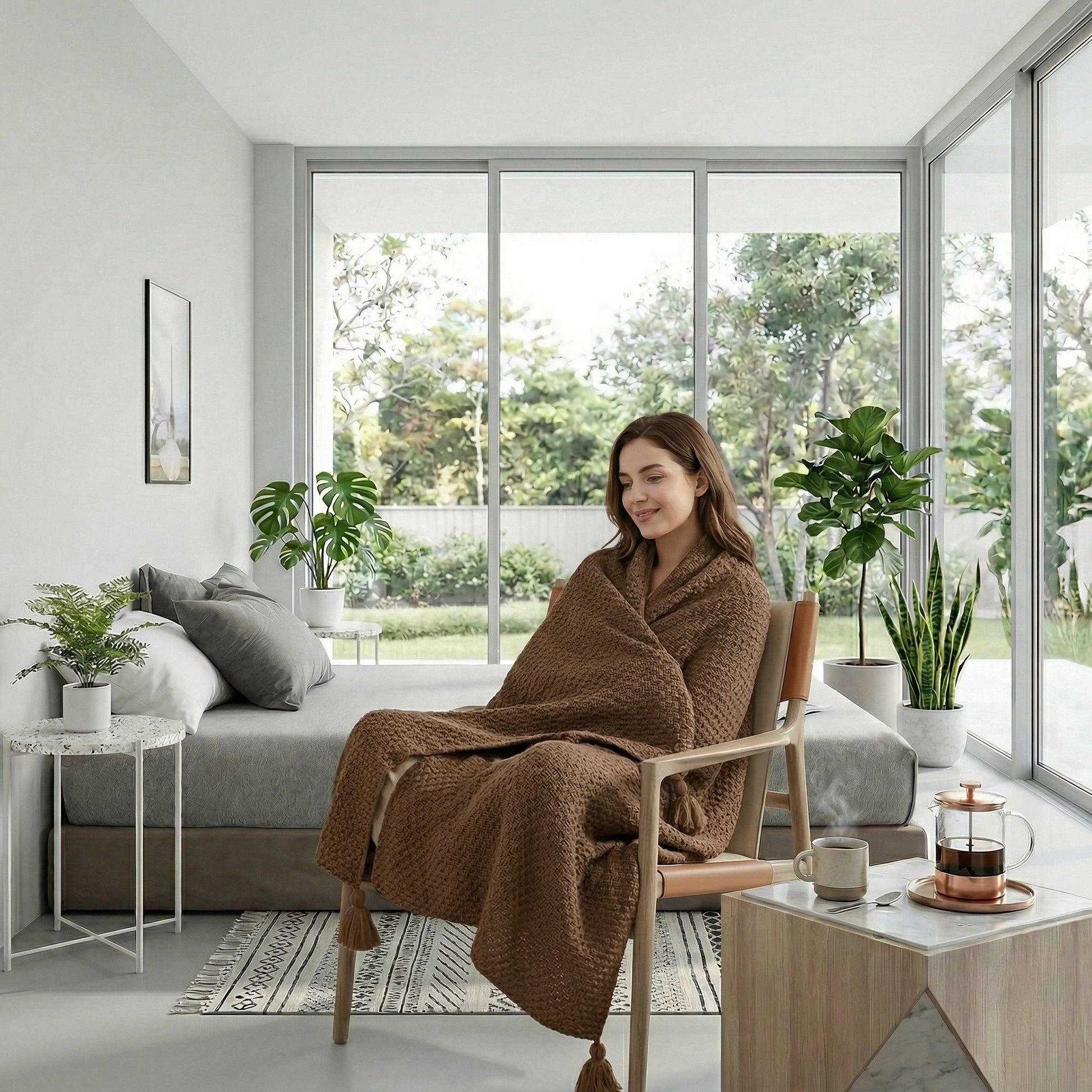 Woman wrapped in a cozy, textured brown knitted throw blanket with tassels, relaxing in a modern bedroom.