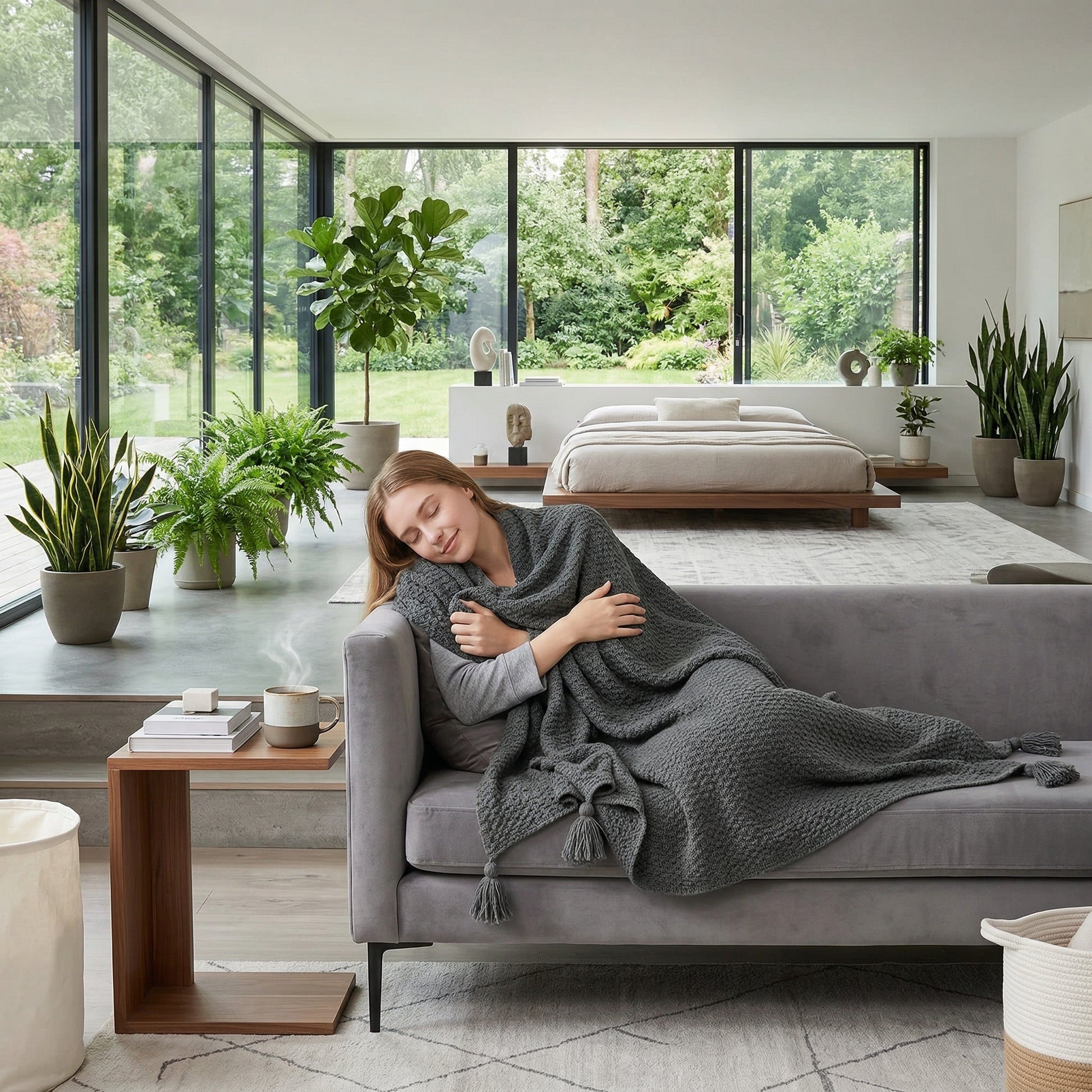 Woman napping on a gray sofa, covered by a dark gray knitted Siesta Shawl Throw Blanket with tassels.