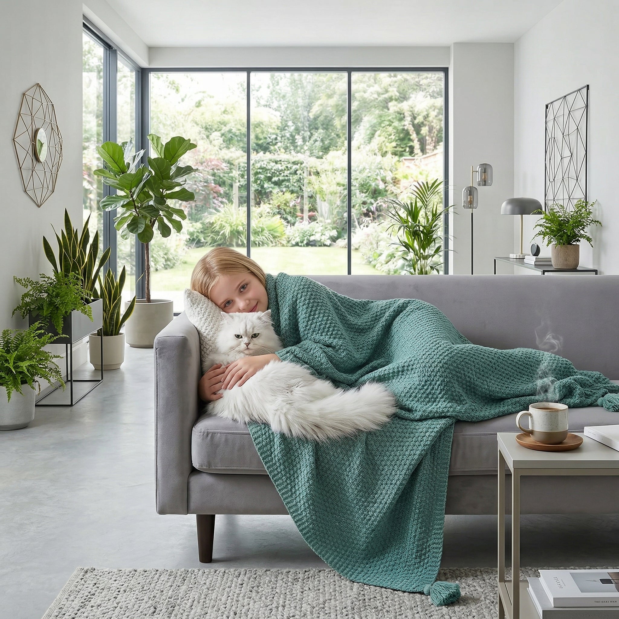 Blonde girl and white cat cozy under a teal fine-knit acrylic throw blanket on a gray sofa in a bright living room.