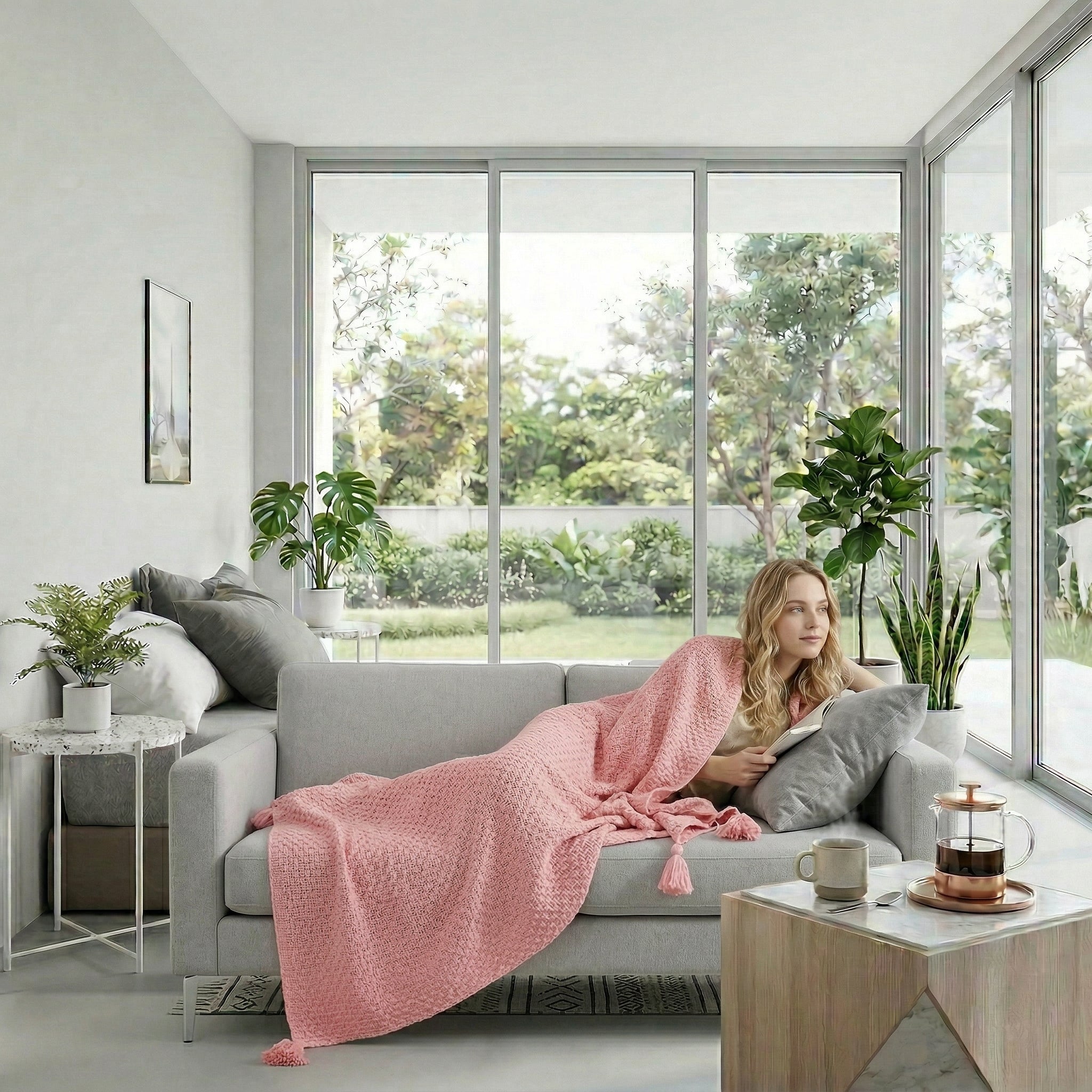 Woman relaxing on a gray sofa, covered by a soft, pink knitted throw blanket with tassels.