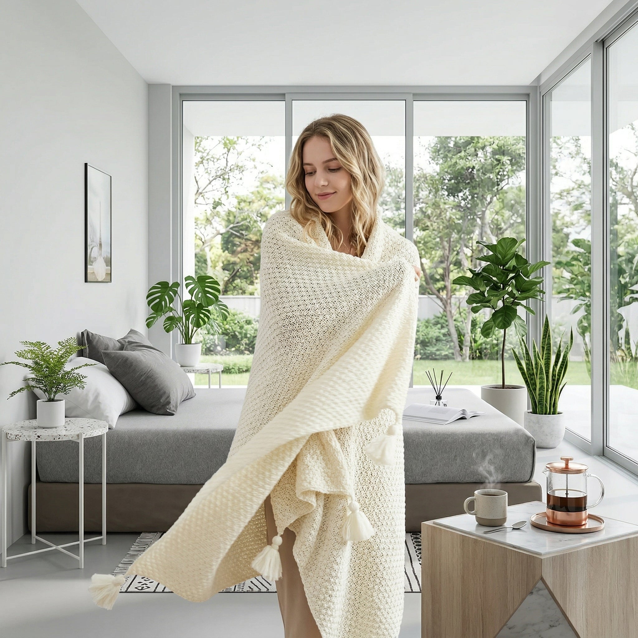 Woman wrapped in a cozy, fine-knit beige acrylic Siesta shawl throw blanket with tassels.