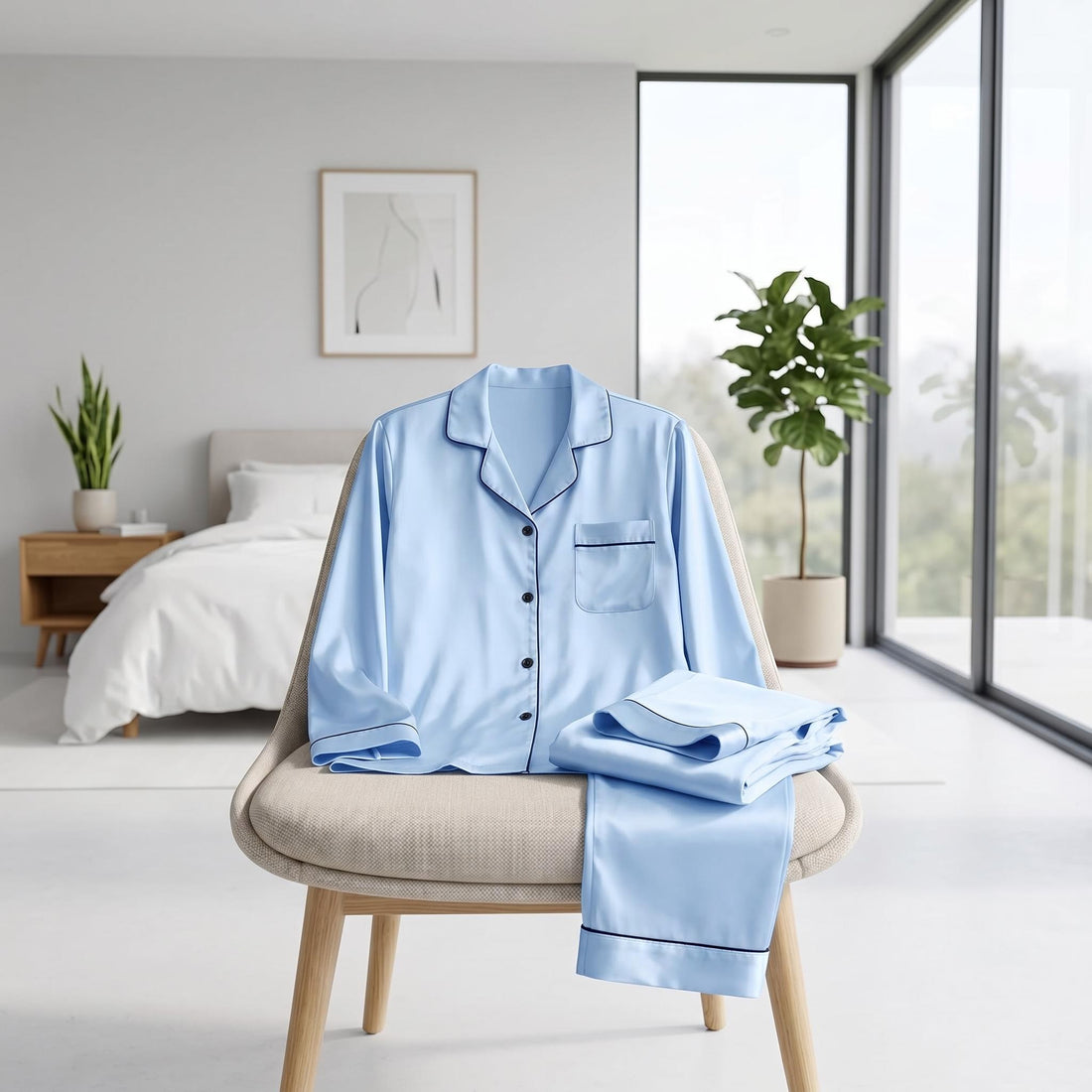 Couple wearing matching light blue long-sleeve button-down silk satin pajama sets while sitting on a bed.