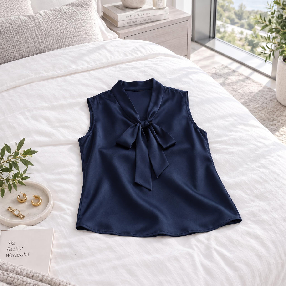 Silk Tie Neck Sleeveless Women's Tank Top in Fluid Drape Design-Tank Tops-Glompi-Glompi