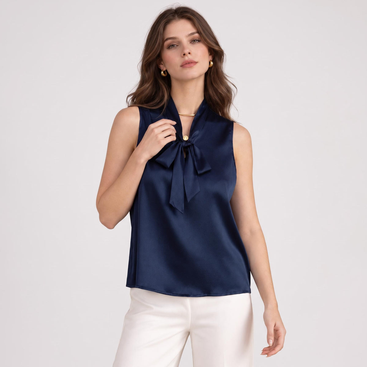 Silk Tie Neck Sleeveless Women's Tank Top in Fluid Drape Design-Tank Tops-Glompi-Dark Blue-Small-Glompi