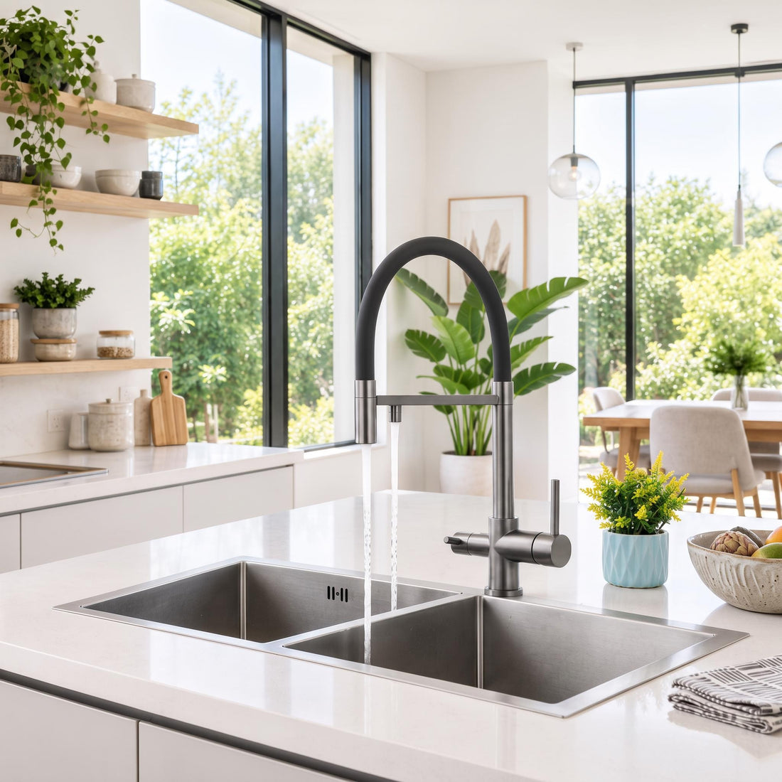 Modern dual-spout kitchen faucet in brushed metal with a black neck, installed in a bright, contemporary kitchen.