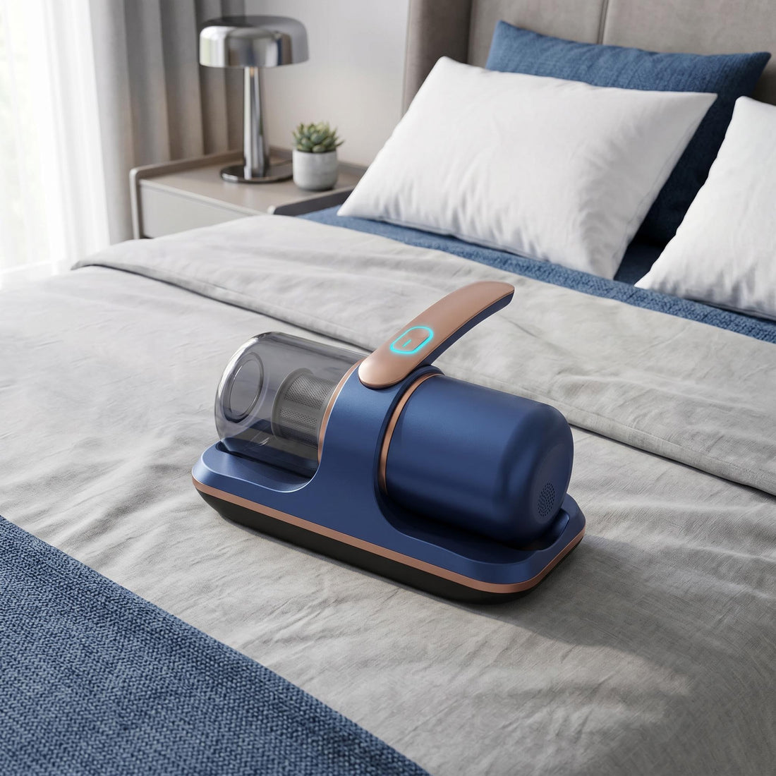 Woman in green pajamas using a compact, navy blue and copper Sleep VAC Pro to clean a grey mattress.