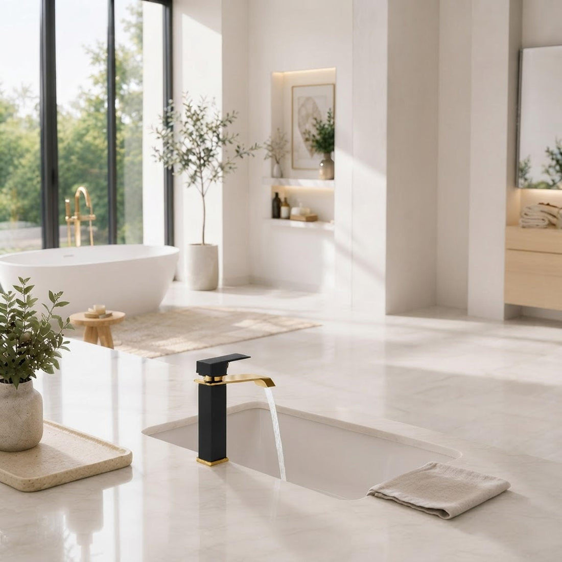 Modern matte black and gold touchless waterfall bathroom faucet deck-mounted on a marble vanity.