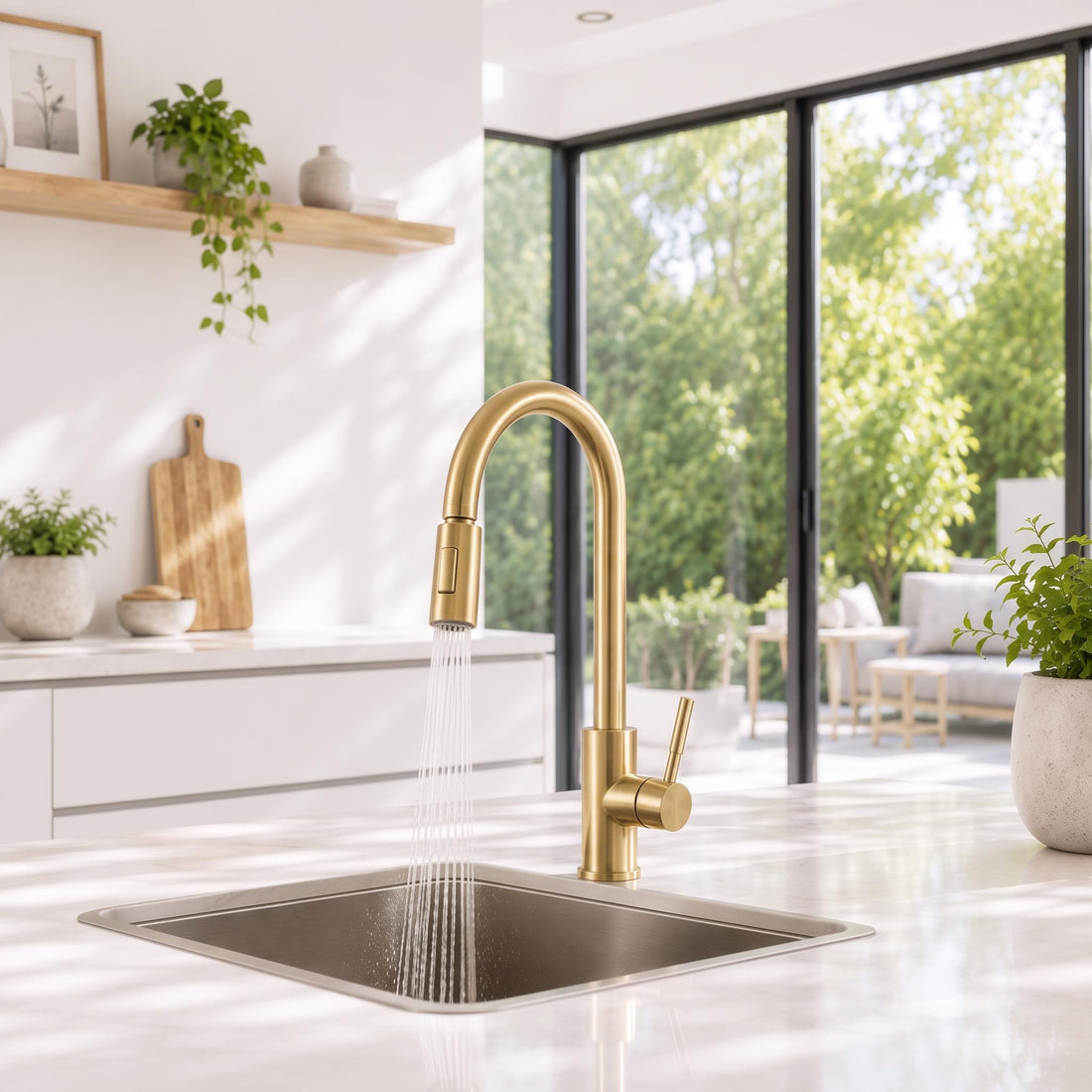Woman using a brushed nickel smart touch kitchen faucet with a 360-degree rotating pull-out spout in a modern kitchen.