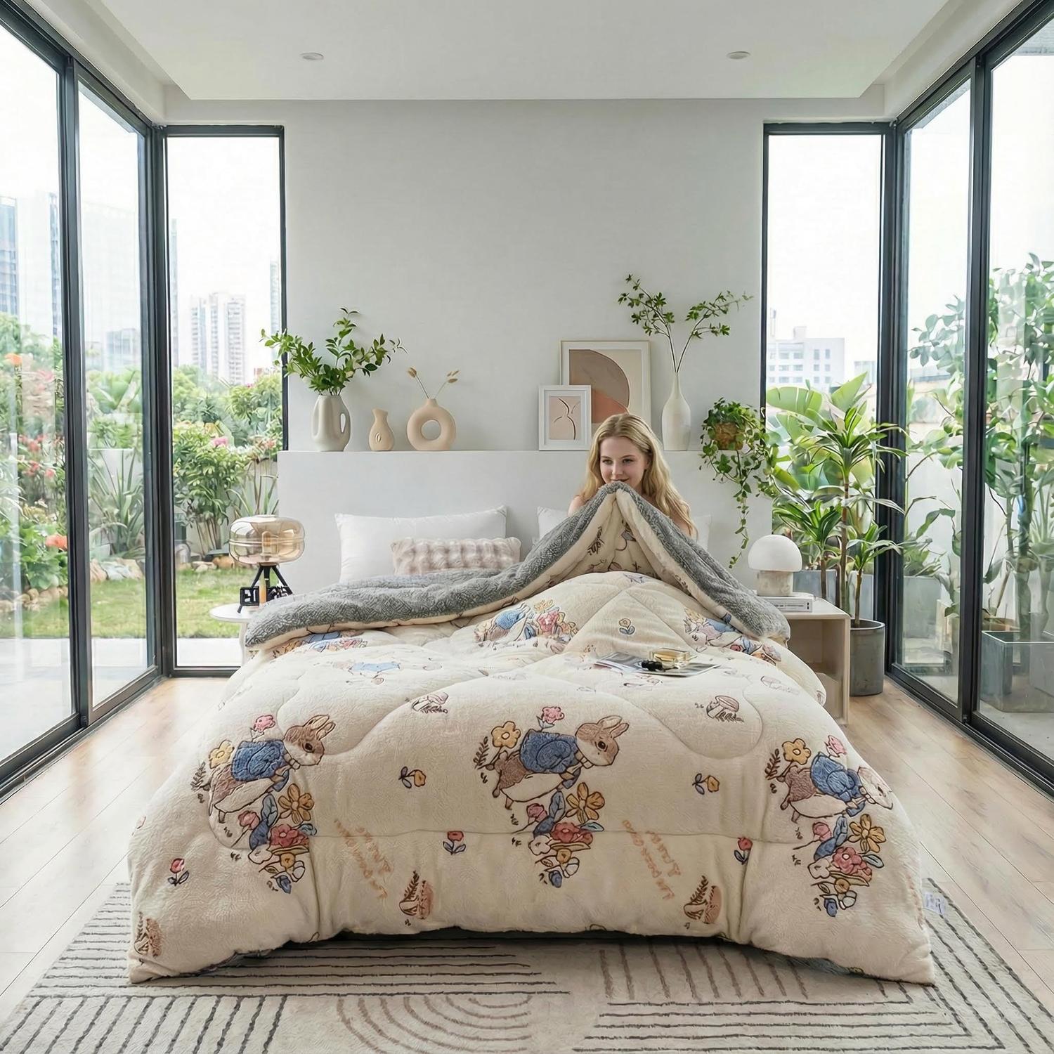 Woman on a bed with a thick, cozy cream velvet quilt featuring a colorful bunny and floral pattern.