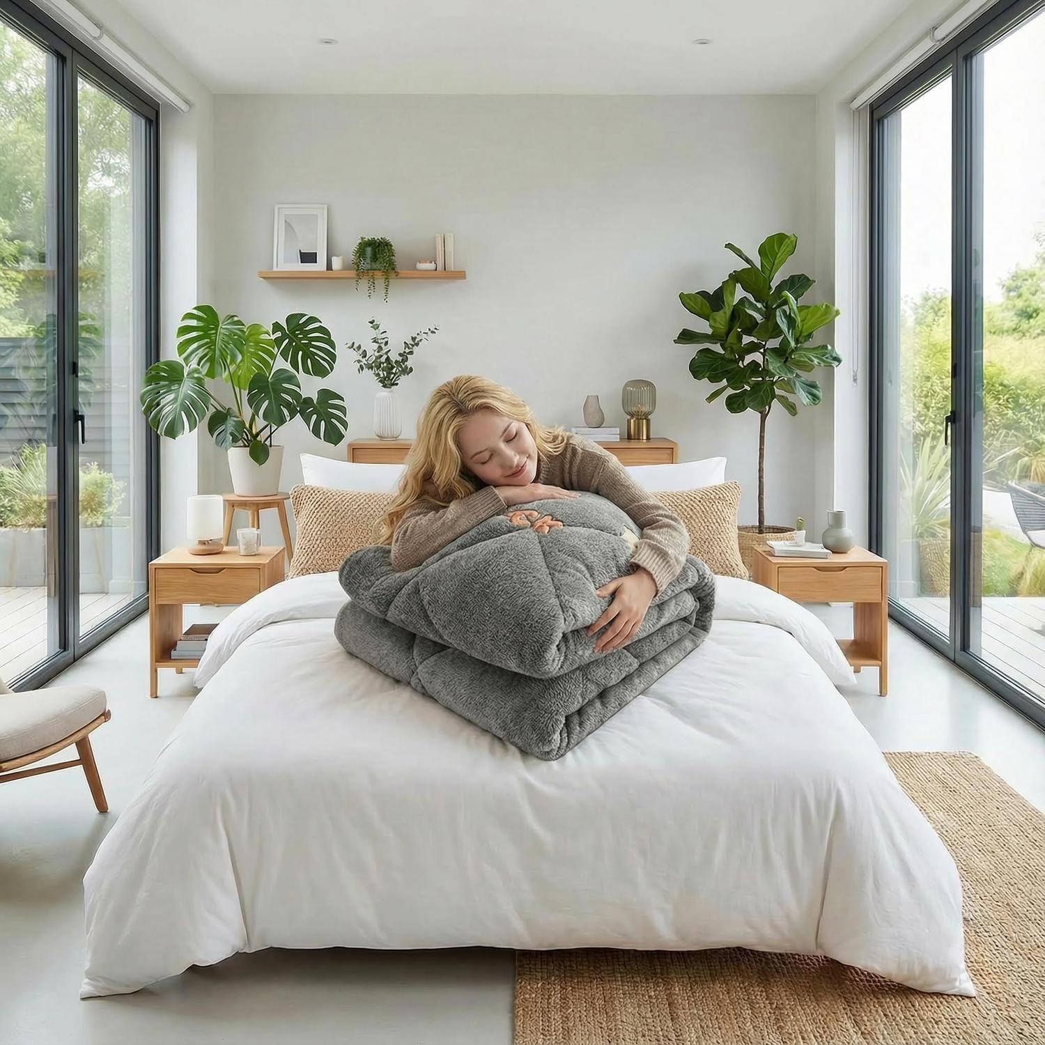 Blonde woman hugging a folded gray velvet quilt with a snowflake pattern on a white bed in a bright bedroom.
