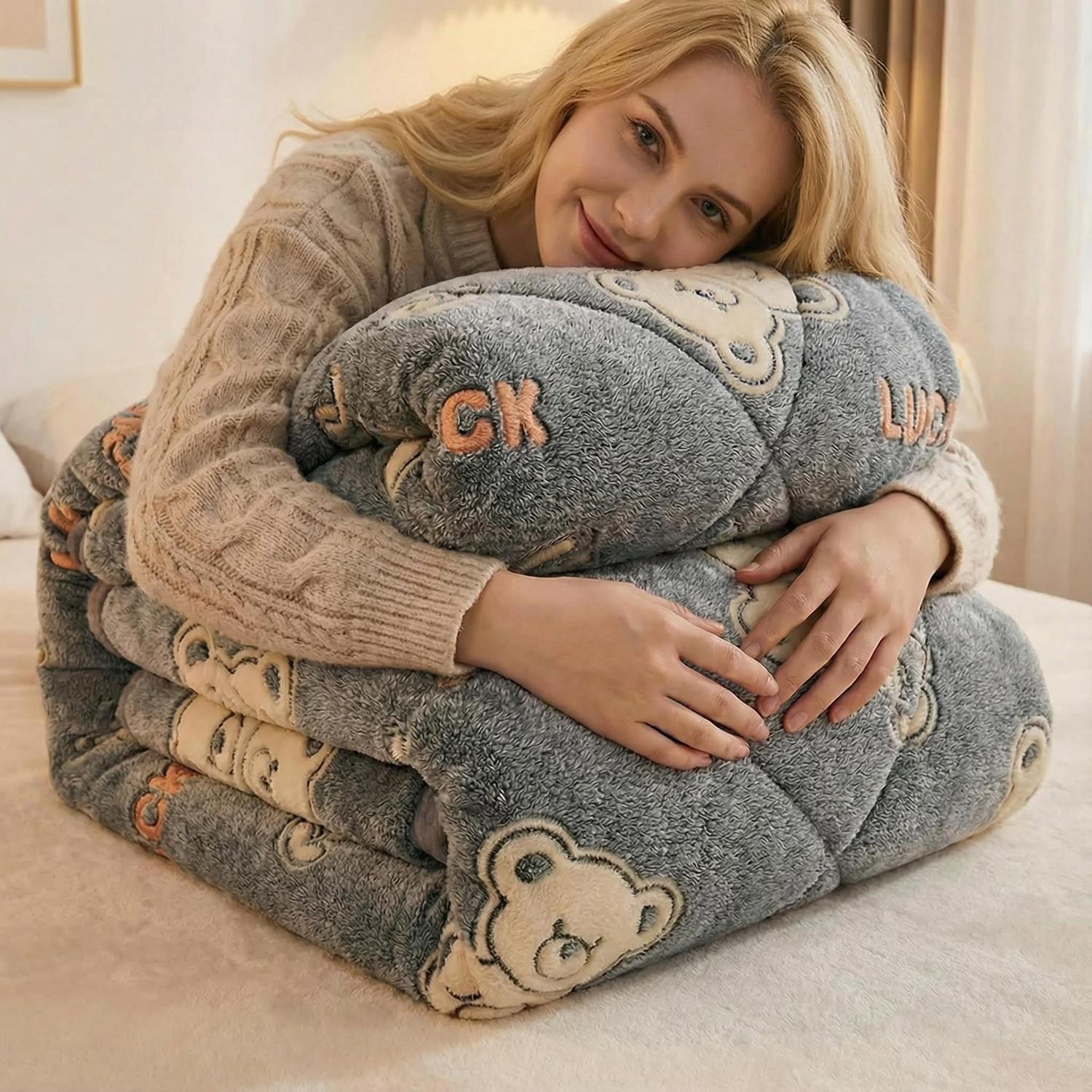 Blonde woman hugging a thick, soft gray velvet quilt with embroidered teddy bears and "LUCKY" text.
