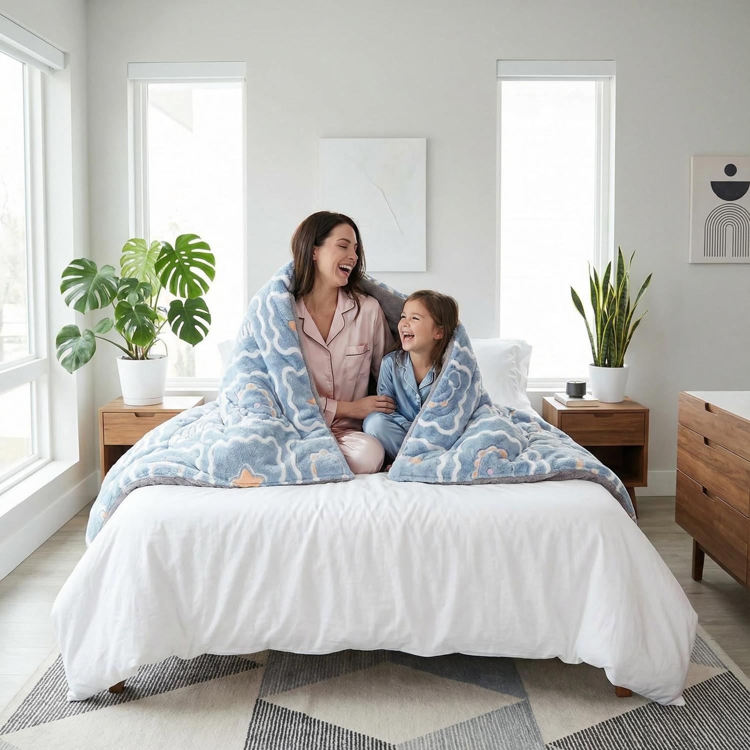 Smiling mother and child wrapped in a cozy blue snowflake velvet quilt on a white bed.
