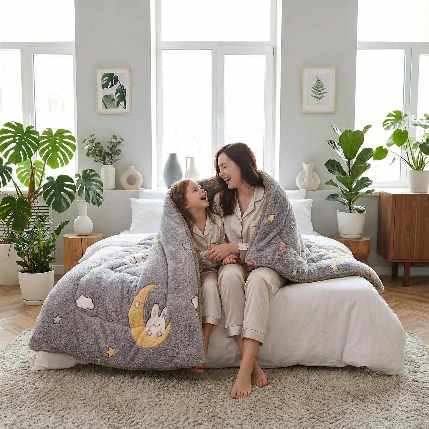 Mother and child under a cozy grey velvet quilt with moon and stars, on a white bed.