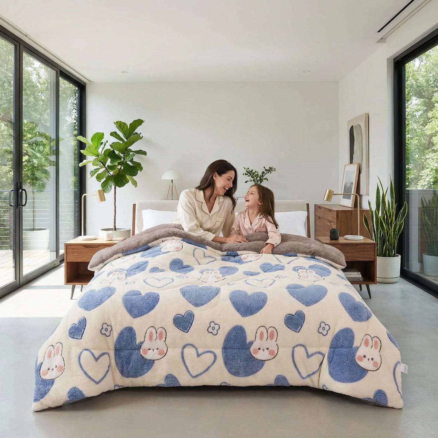 Mother and child on a bed with a cream and blue heart and bunny patterned velvet quilt.