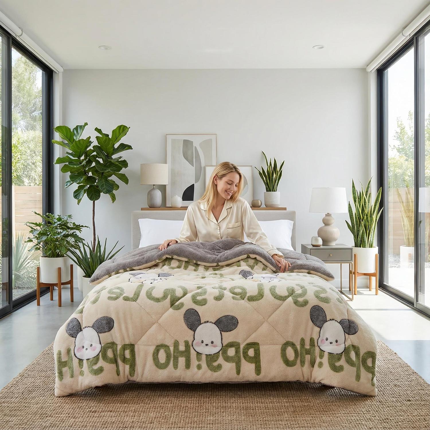 Woman in pajamas on a bed with a beige quilted velvet blanket featuring green text and cartoon mouse heads.