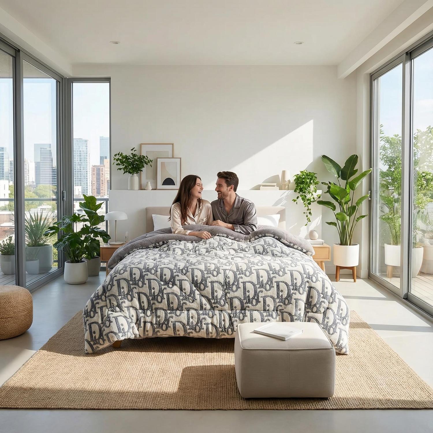 Couple on a bed with a gray and white patterned Snowflake Velvet Quilt in a bright, modern bedroom.
