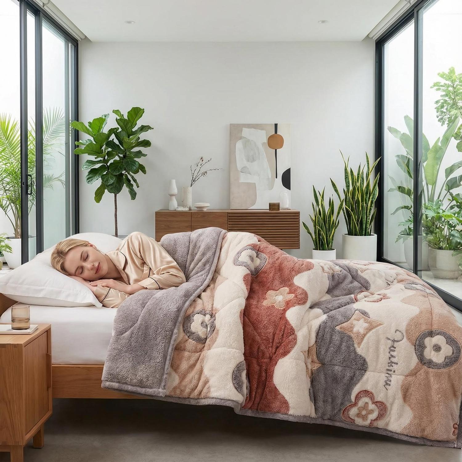 Blonde woman sleeping soundly under a soft, thickened Snowflake Velvet Quilt with a modern floral and snowflake pattern in muted brown, gray, and beige tones.