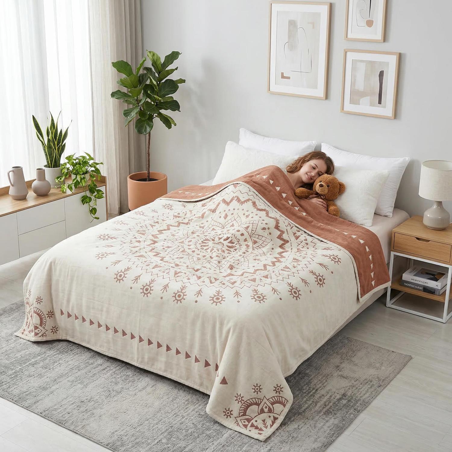 Woman sleeping under a soft cotton bedspread with a large geometric mandala design in cream and terracotta.