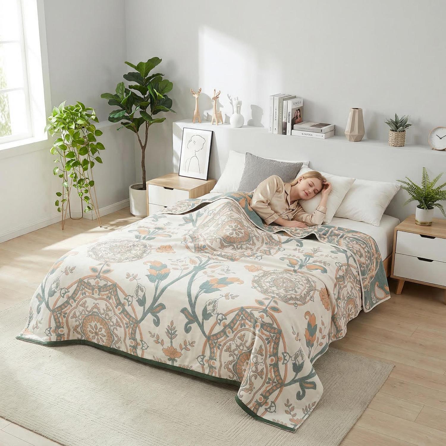 Woman sleeping under a soft cotton bedspread with an intricate geometric and floral pattern in peach, green, and cream.